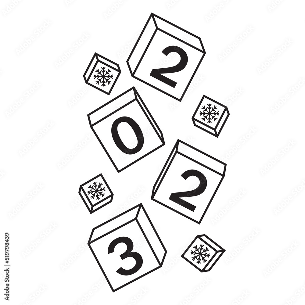 Calendar for Christmas, new year falling cubes with the number 2023, black contour doodle, vector illustration