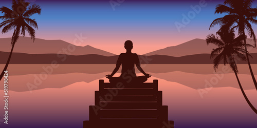 mediating person silhouette on a bridge by lake tropical palm landscape