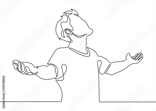 Man with raised hands. Young man raises his hands up-continuous line drawing 