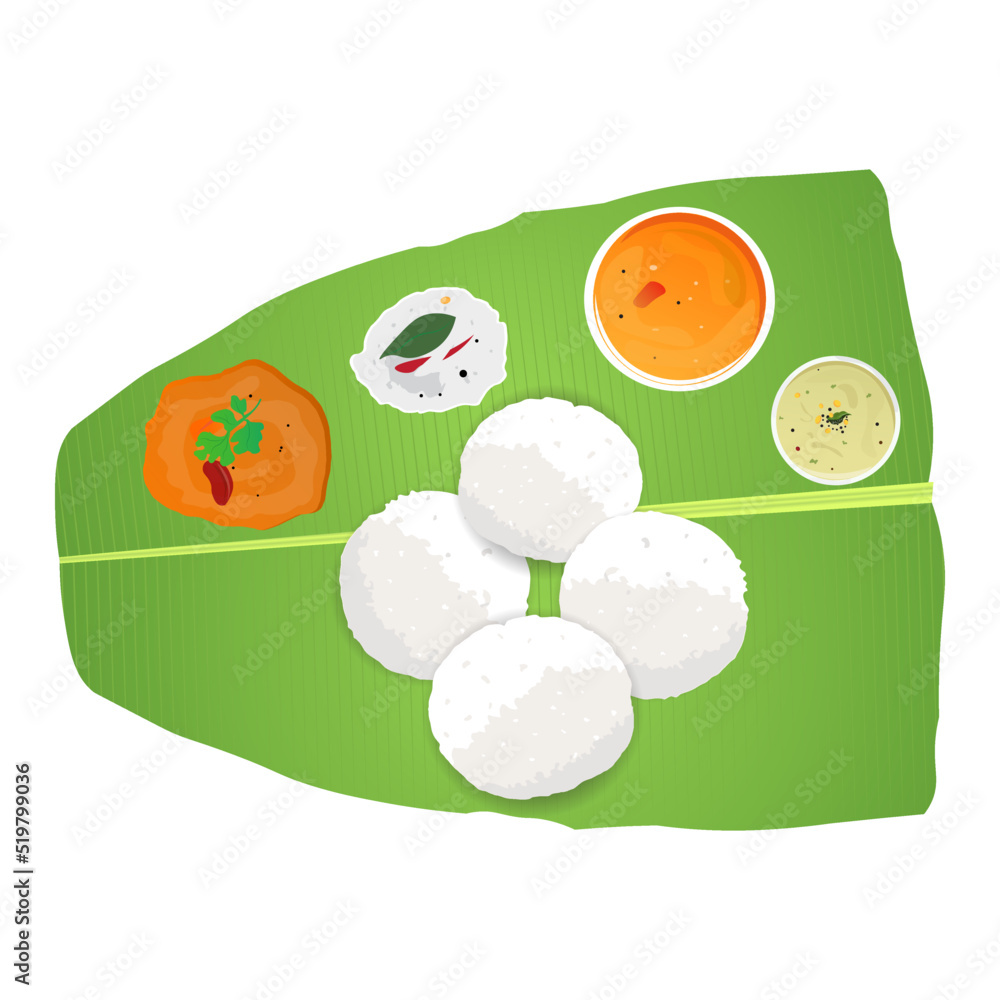 South Indian food Idly with Coconut Chutney, Tomato Chutney and Sambar Served in Banana Leaf, Vector File South Indian food Idly with Coconut Chutney, Tomato Chutney and Sambar Served in Banana Leaf, Vector File