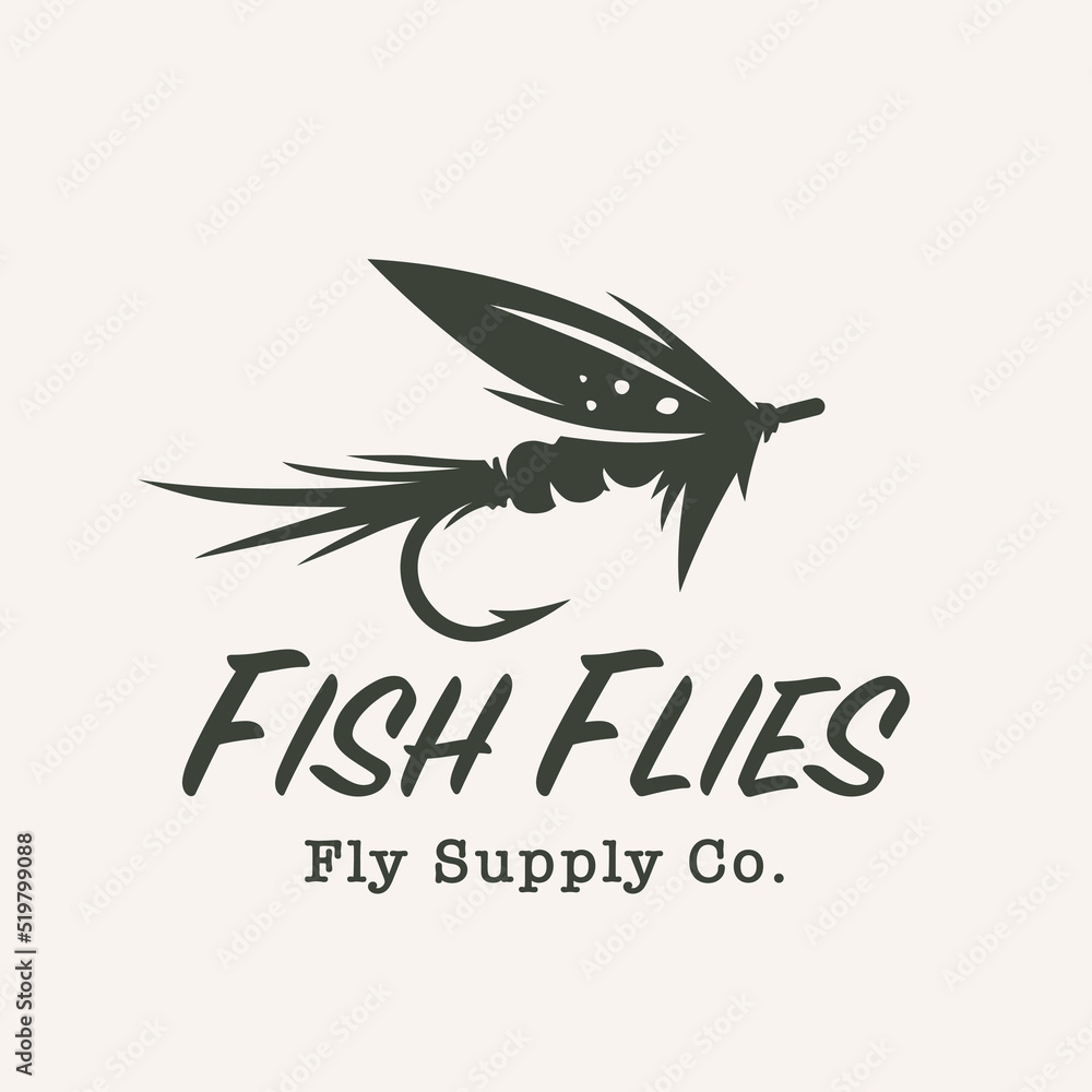 Fly fishing hook logo. Fly tying icon. Artificial feather lure emblem.  Freshwater fish flies symbol. Vector illustration. Stock Vector