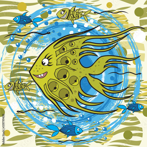 Cartoon yellow fish and water creatures.