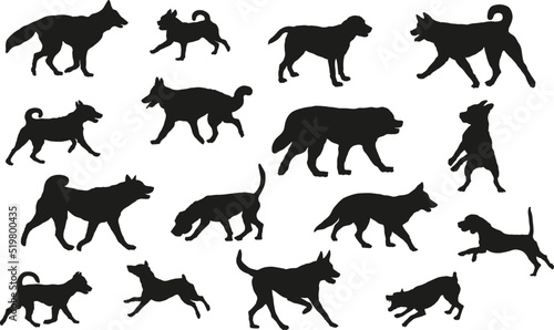Group of dogs various breed. Black dog silhouette. Running  standing  walking  jumping dogs. Isolated on a white background. Pet animals. Vector illustration.