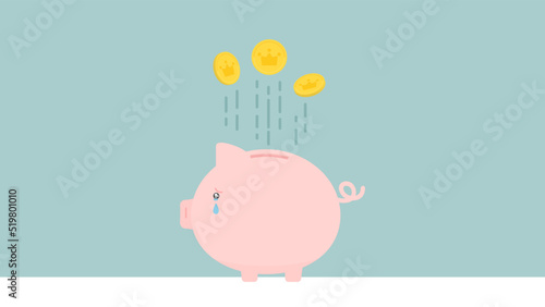 出て行くお金と泣いているピンク色の豚の貯金箱
