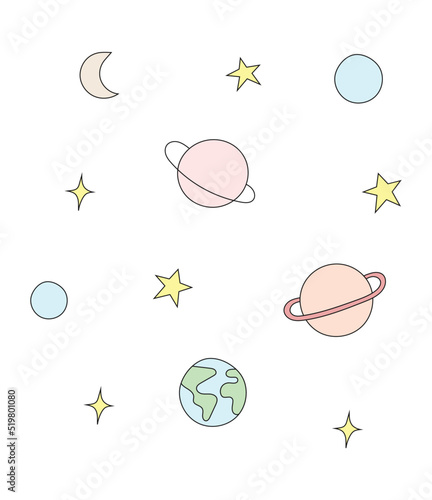 Cute planets and stars vector illustration. Solar system hand drawn vector 
