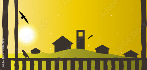 Autumn background with a field, silhouettes of houses and birds, a fence in the foreground and stars. Vector isolated illustration.