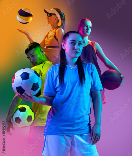 Composite image with young different sportsmen, soccer, football, volleyball and basketball players over purple background in neon light.
