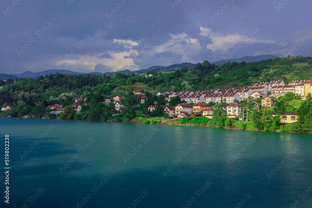 Panoramic View in the Rainy Day to the  Višegrad with the Rainbow over the Drina River, Bosnia and Herzegovina