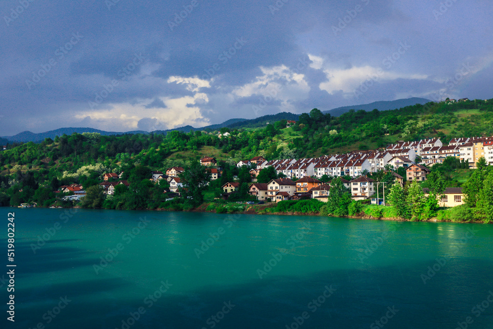 Panoramic View in the Rainy Day to the  Višegrad with the Rainbow over the Drina River, Bosnia and Herzegovina