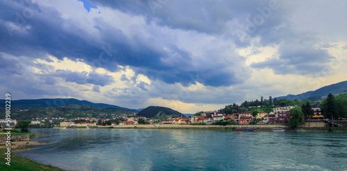 Panoramic View in the Rainy Day to the Višegrad with the Rainbow over the Drina River, Bosnia and Herzegovina