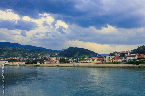 Panoramic View in the Rainy Day to the  Vi  egrad with the Rainbow over the Drina River  Bosnia and Herzegovina
