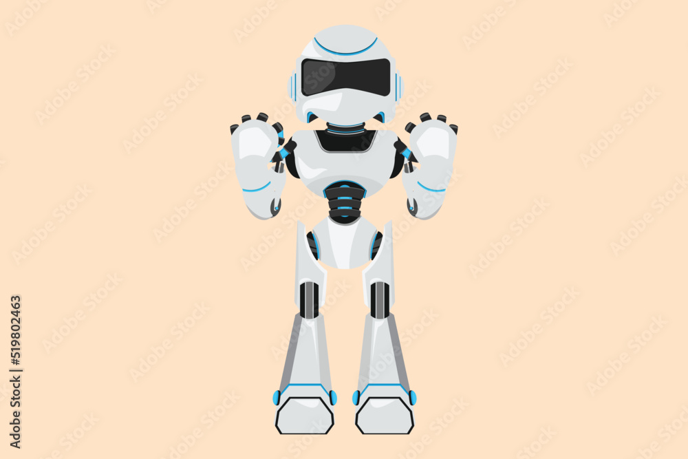 Business design drawing happy robot standing with both hands yes gesture. Future technology development. Artificial intelligence and machine learning processes. Flat cartoon style vector illustration