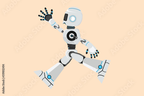 Business flat drawing happy robot jumping with spreads both legs and raise one hand. Humanoid cybernetic organism. Future robotic development. Celebrate achievement. Cartoon design vector illustration