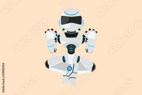 Business flat cartoon style drawing happy robot kneeling with both hands yes gesture, celebrating success. Robotic artificial intelligence. Electronic technology. Graphic design vector illustration