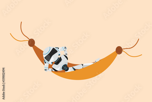 Business flat drawing happy robot lying and sleeping in hammock. Comfort, vacation, and recreation. Humanoid robot cybernetic organism. Future robotic development. Cartoon design vector illustration