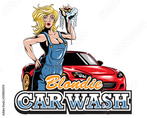 car wash logo with blondie women and car vector illustration   