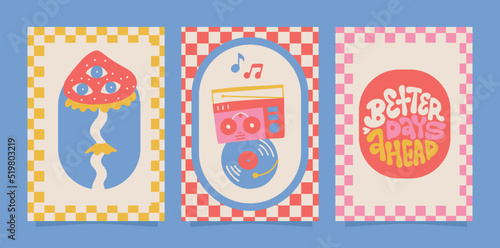 Groovy poster set in flat cartoon style with slogan, retro music and trippy mushroom. Graphic checkered background. Retro 60s 70s psychedelic design. Abstract hippie illustration