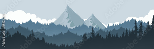 mountain landscape and pine forest With mountains and sky as background in the morning. Nature vector illustration.