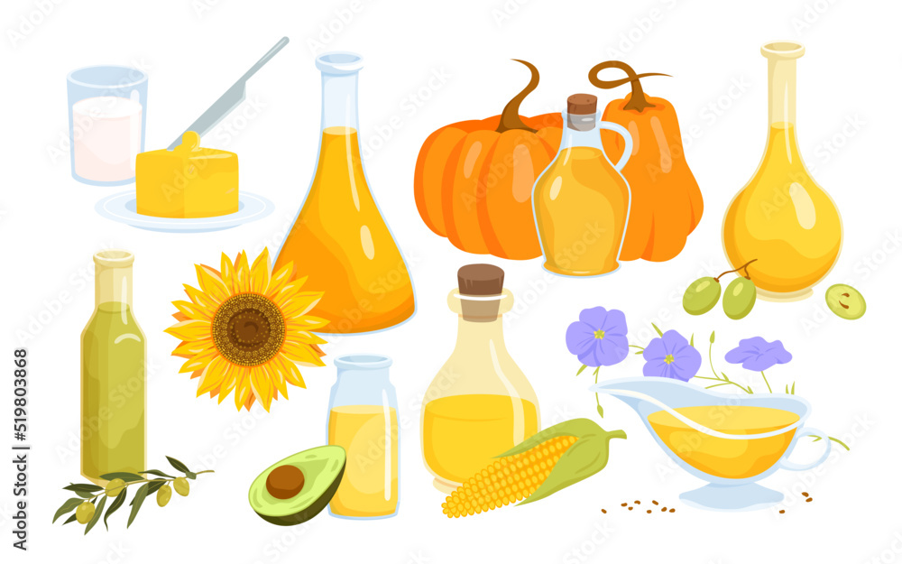 Set of different type of vegetable oils. Various bottles of oil