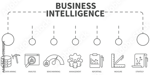 Business intelligence Vector Illustration concept. Banner with icons and keywords . Business intelligence symbol vector elements for infographic web