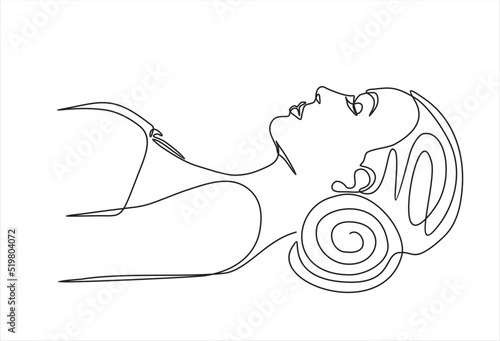 Spa background with lying womans head and towel. Minimal vector banner, border, signboard, , poster. One continuous line art sketch for spa background. Illustration with quote template. 
