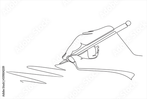 Continuous one line drawing of hand writing minimalism style. Fingers holding ink pen or pencil to draw or write on paper.