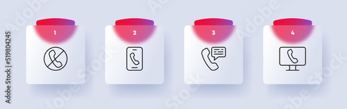 Phone communication set icon. Landline, call, decline, crossed out, speech bubble, computer display, message, talk. Business concept. Glassmorphism. Vector line icon for Business and Advertising