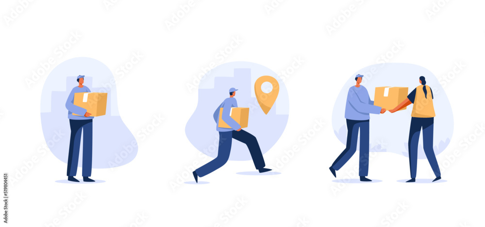 Parcel delivery staff. Working at Parcel delivery. Illustration of the process of delivering parcels to the recipient's home. Flat character. Parcel delivery staff. Working at Parcel delivery. Illustration of the process of delivering parcels to the recipient's home. Flat character.