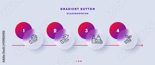 Caring for the environment set icon. Hand holding planet, leaf, care, power plant, no fumes, smoke, soil, leaves. Ecology concept. Glassmorphism style. Vector line icon for Business and Advertising