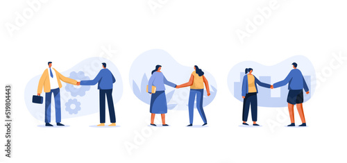 Cooperate or become a partner and agreements to help businesses succeed. .Relationships, Education, handshake. flat character illustration.