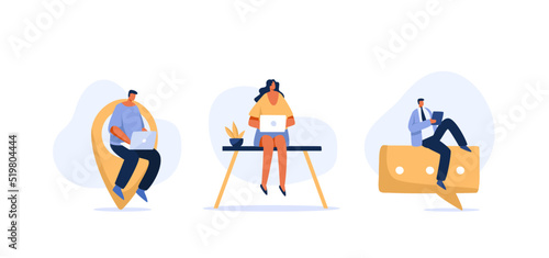 New working lifestyle. Working style of male and female employees with laptops. Work off site, responding to chatboxes. flat character illustration.
