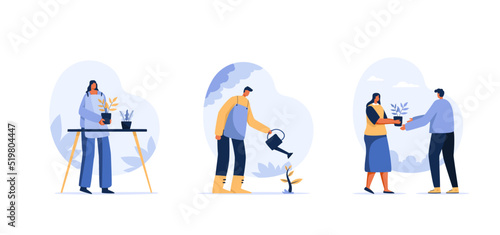 Ornamental planting activities. Man and woman seedling, cultivation and collecting harvest.  flat character illustration.