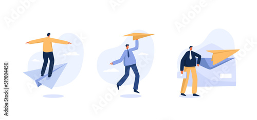 Leader vision. achieving a goal, the path to success is motivation, career advancement, search for ideas. Business man and paper plane.  flat character.