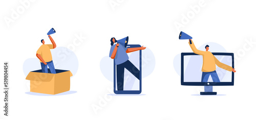 Megaphone Promotion Scenes. Successful Advertising Strategies and Growth Strategies of Online Businesses E-commerce promotional media campaign. vector illustration.