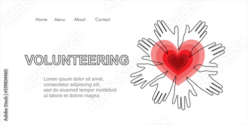 Continuous one line drawing of volunteering hands with heart.  Illustration with quote template. Can used for logo, emblem, slide show and banner.