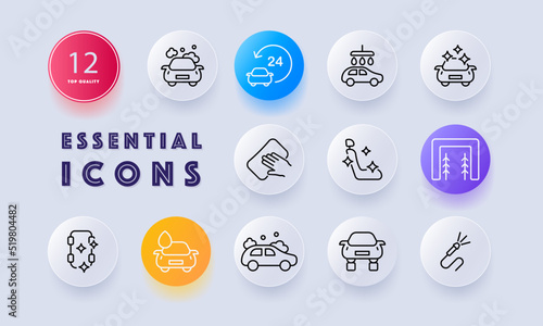 Car wash service set icon. Foam, around the clock, cleanser, water drops, clean, shine, sponge, hand, seat, interior cleaning, brushes, hose, tires. Technology concept. Neomorphism. Vector line icon