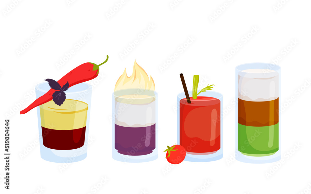 Set of short cocktails. Alcohol beverages, cocktail party, bar menu, club celebrating drinks vector illustration