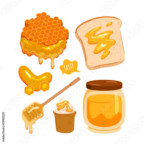 Honey natural product. Honeycomb, honey spoon and jar with honey, organic sweet dessert vector illustration