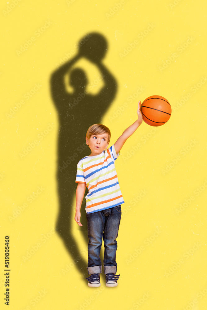 Magazine poster collage of school child training exercise dreaming about victory isolated on yellow color background