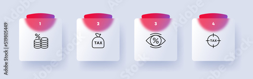 Accounting set icon. Coins, percent, time to pay taxes, tax protection, taxpayer, transparent, no hidden fees, aim. Financial management concept. Glassmorphism style. Vector line icon for Business photo