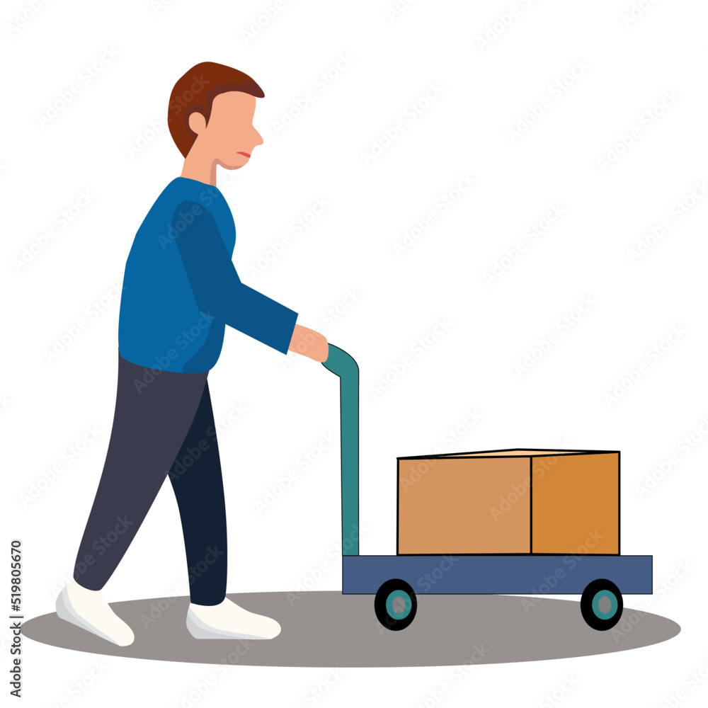 A man using delivery cart for delivery. vector illustration isolated on white background. A man using delivery cart for delivery. vector illustration isolated on white background.