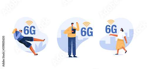People with 6g symbol. high speed wireless connection 6G. illustration of internet signs and people's activities Concept.