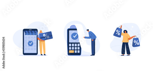 Online shopping service, payment. Social media marketing. Mobile application. flat character illustration.