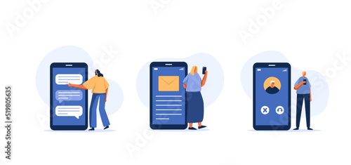 Podcast illustration set.  People listening audio on smartphone. flat charater illustration