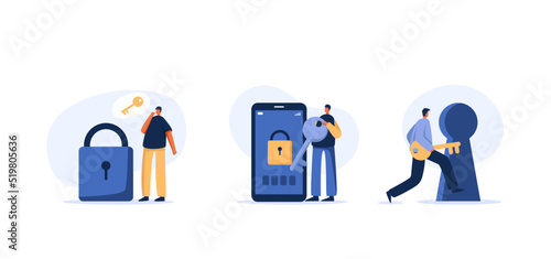solve business problem. People working with locks, finding solutions and moving business forward.  flat character illustration