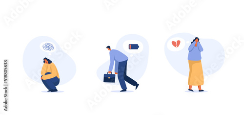 Emotional burnout syndrome , stress, depression disappointed in love. Mental health illustration set. flat character illustration