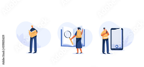 People reading activities. Read books, research, read online from  smartphone. set of people. Flat character illustration.