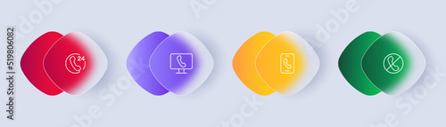 Contact us set icon. Phone, landline, computer, 24, around the clock, crossed out, decline call, support service, hotline. Business concept. Glassmorphism style. Vector line icon for Advertising
