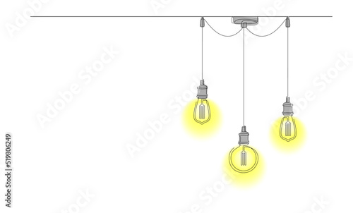 One line drawing of modern loft style chandelier with pendant lamps with Edison bulbs. Continuous line drawing of shining lightbulbs in doodle style. Horizontal vector illustration with place for text