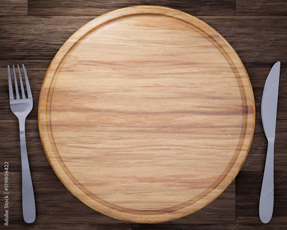 Empty circle wooden cutting board with fork and knife on the counter bar to meat steak. 3D rendering Empty circle wooden cutting board with fork and knife on the counter bar to meat steak. 3D rendering